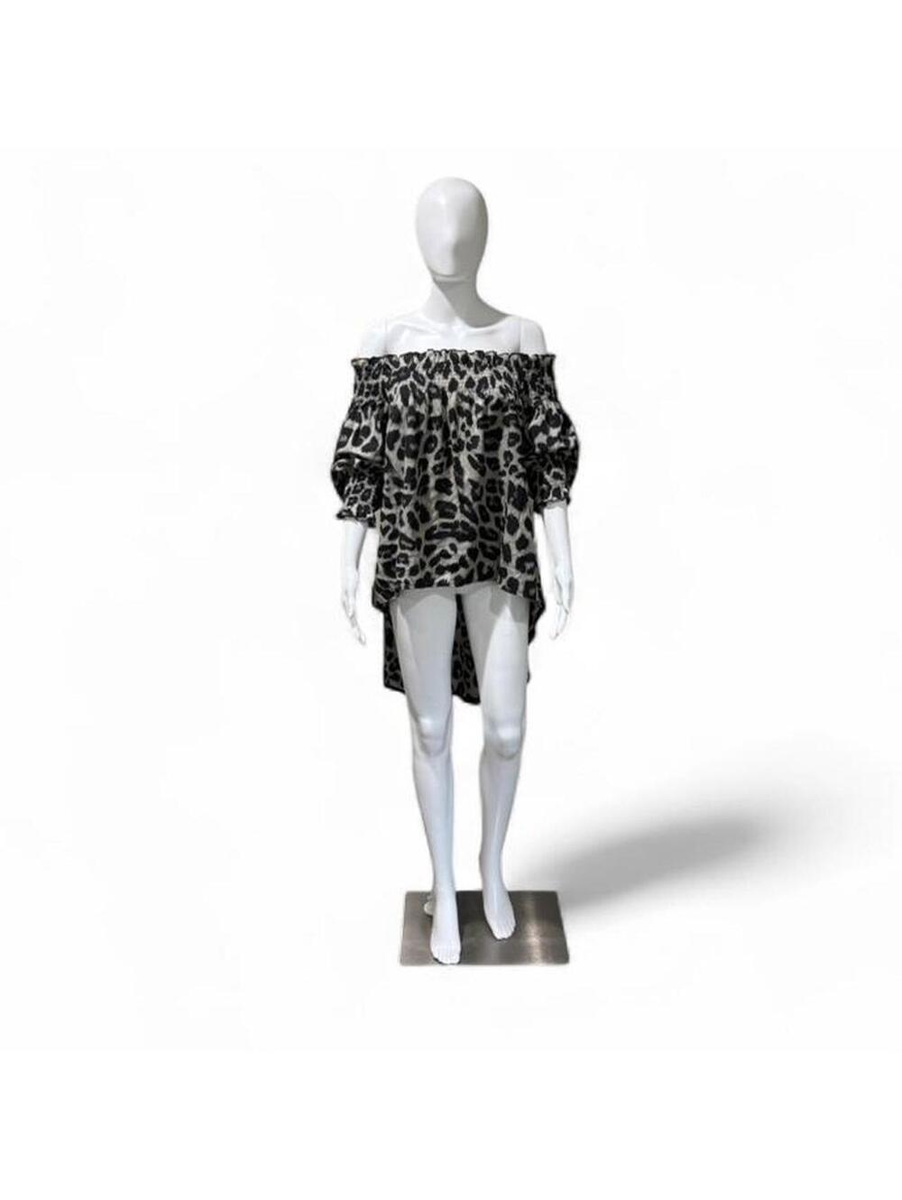 Gray & Black Leopard print off the shoulder high-low blouse with puffy sleeves.